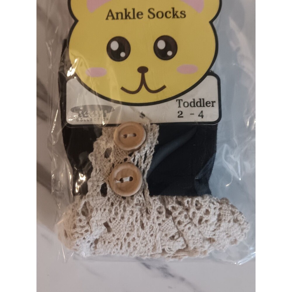 Toddler Girls  Black Socks with Cream Lace Trim and Buttons